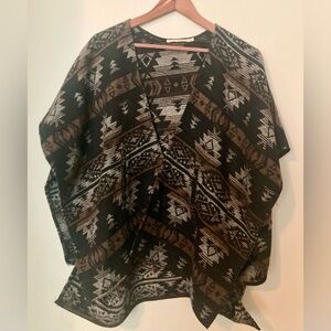 Ellison Aztec Tribal Poncho Cape Jacket Brown Black Southwestern Lagenlook Wrap